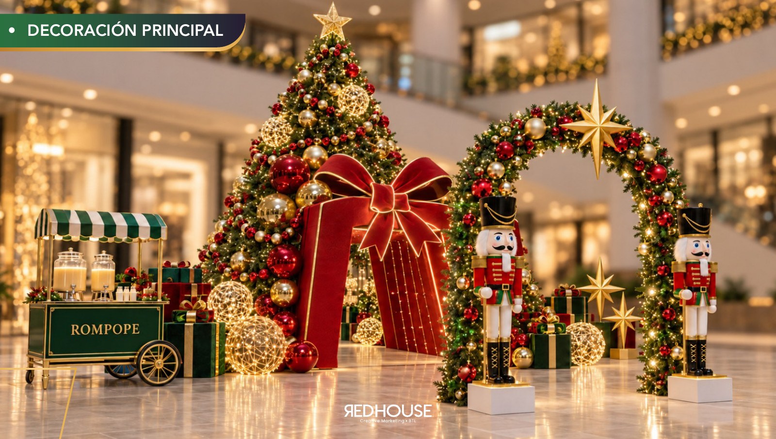 Montaje navideño corporativo con árbol, arco, regalos y personajes